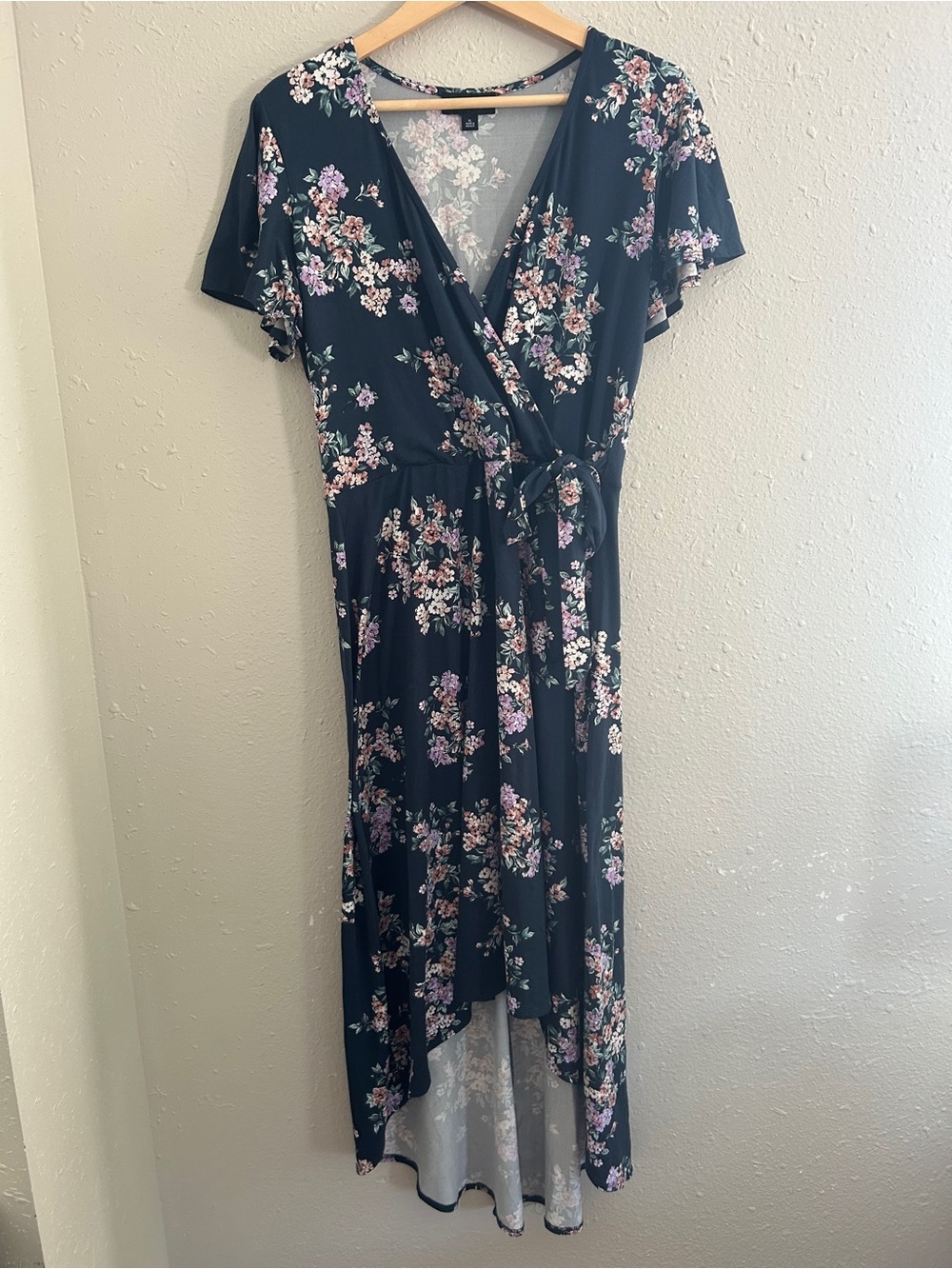 Fortune & Ivy Floral Faux Wrap Midi Dress in Blue Pink Floral Stretch Comfy